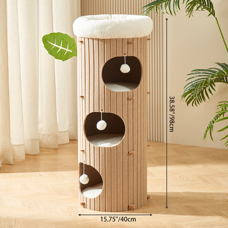 Traditional Rustic Cylindrical Tree Hole Felt Sherpa Fleece & MDF Cat Tower 2/3-Hole For Living Room Cuvalon