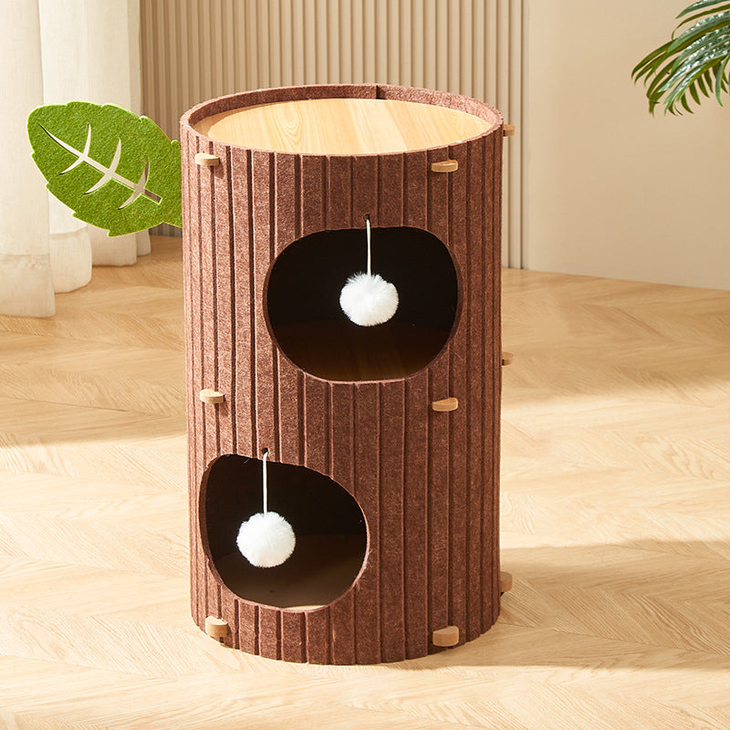 Traditional Rustic Cylindrical Tree Hole Felt Sherpa Fleece & MDF Cat Tower 2/3-Hole For Living Room Cuvalon