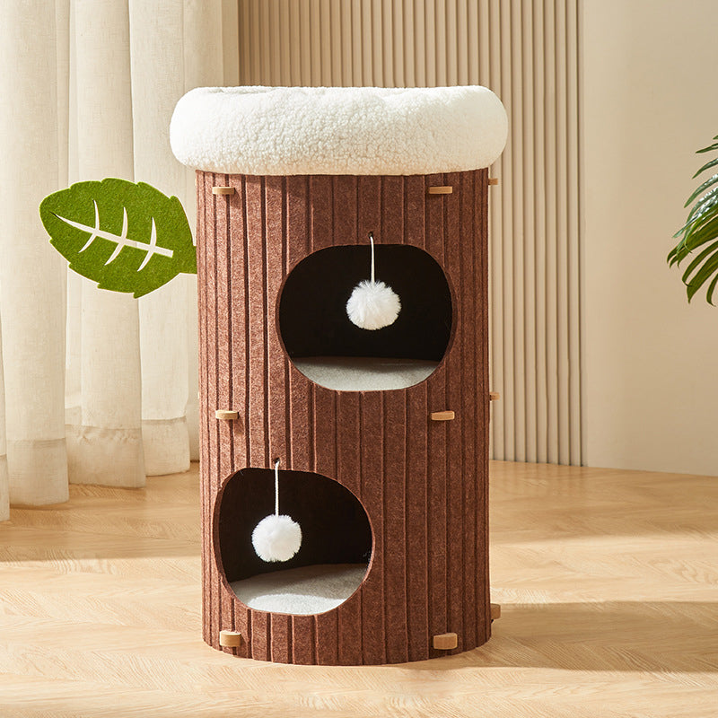 Traditional Rustic Cylindrical Tree Hole Felt Sherpa Fleece & MDF Cat Tower 2/3-Hole For Living Room Cuvalon