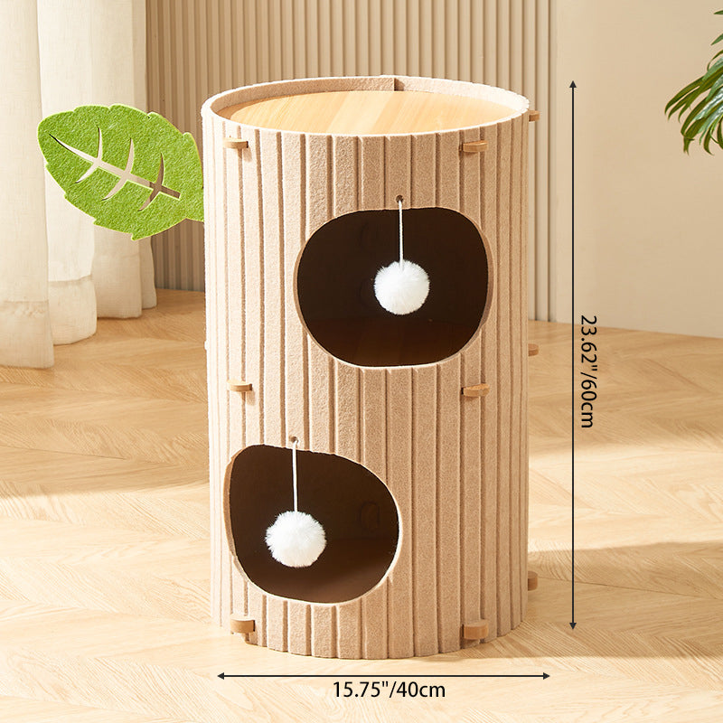 Traditional Rustic Cylindrical Tree Hole Felt Sherpa Fleece & MDF Cat Tower 2/3-Hole For Living Room Cuvalon