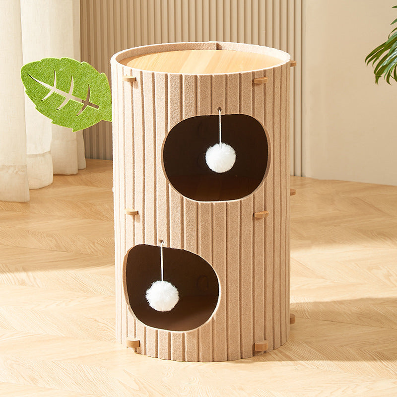 Traditional Rustic Cylindrical Tree Hole Felt Sherpa Fleece & MDF Cat Tower 2/3-Hole For Living Room Cuvalon
