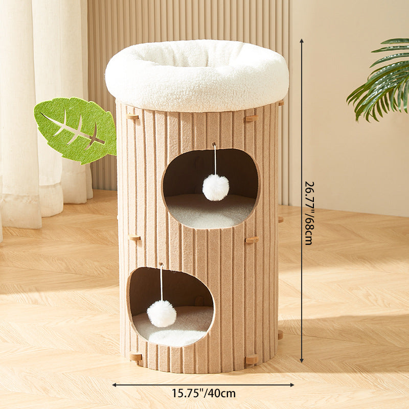 Traditional Rustic Cylindrical Tree Hole Felt Sherpa Fleece & MDF Cat Tower 2/3-Hole For Living Room Cuvalon