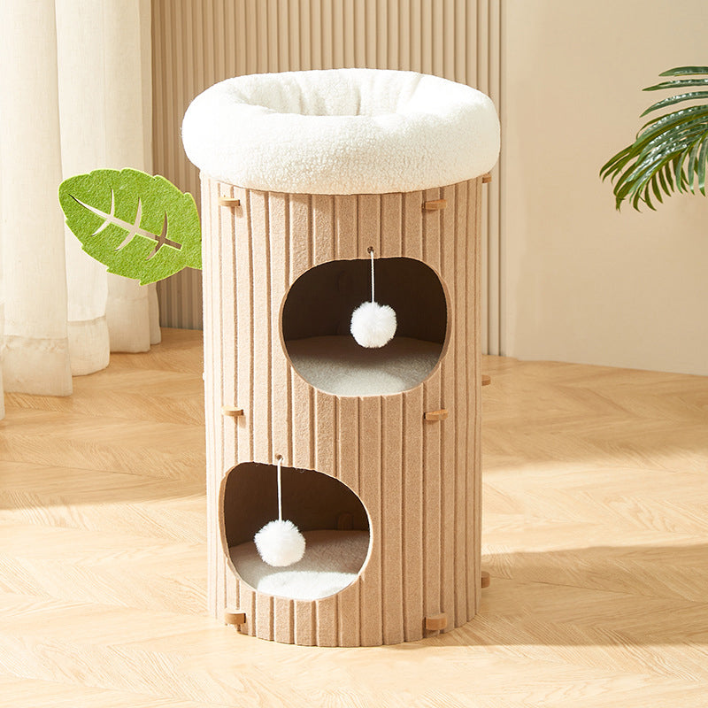 Traditional Rustic Cylindrical Tree Hole Felt Sherpa Fleece & MDF Cat Tower 2/3-Hole For Living Room Cuvalon