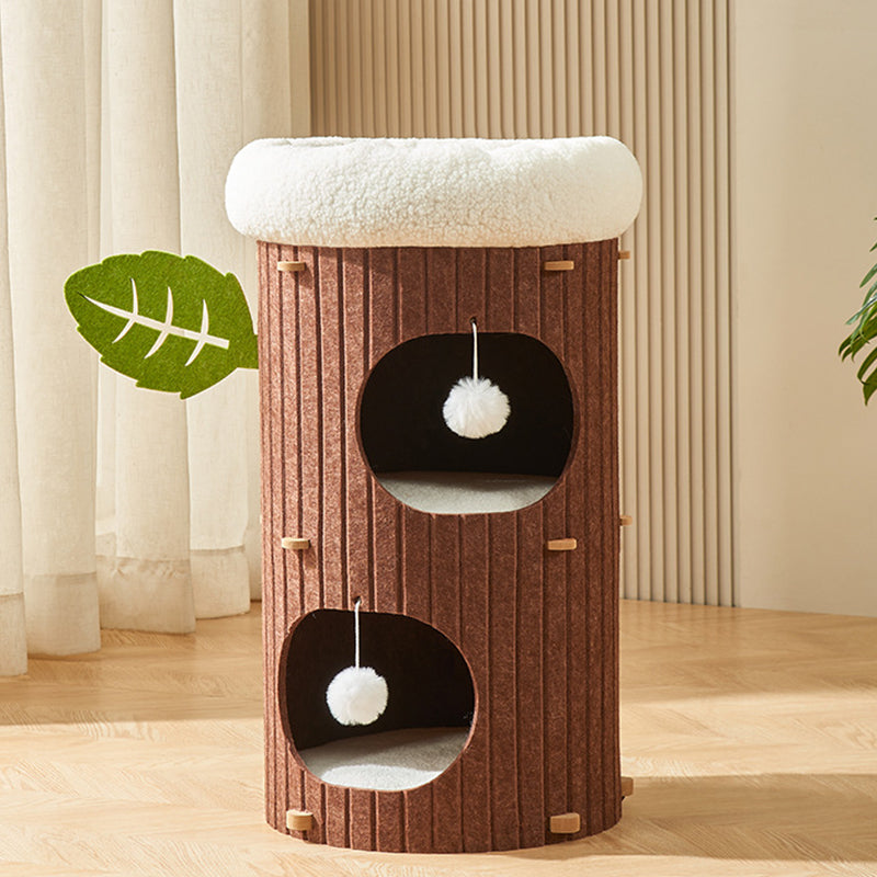 Traditional Rustic Cylindrical Tree Hole Felt Sherpa Fleece & MDF Cat Tower 2/3-Hole For Living Room Cuvalon