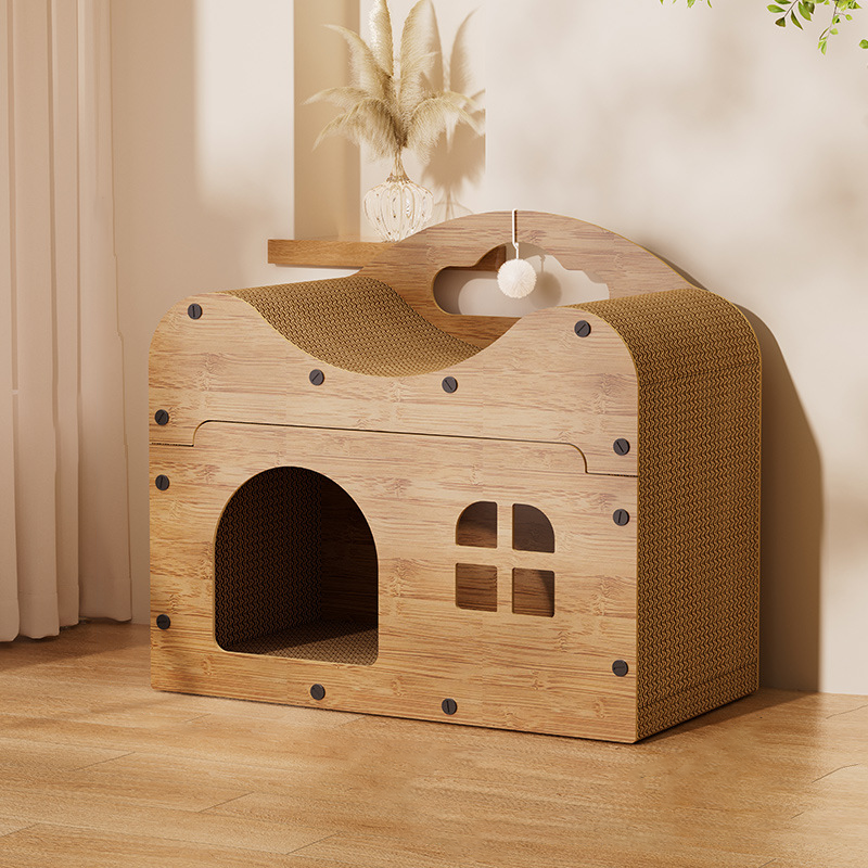 Traditional Rustic Wavy Rectangle House-Shape MDF Corrugated Paper Cat Beds 1-Cabinet For Living Room Cuvalon