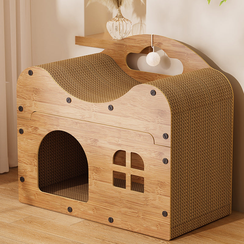 Traditional Rustic Wavy Rectangle House-Shape MDF Corrugated Paper Cat Beds 1-Cabinet For Living Room Cuvalon
