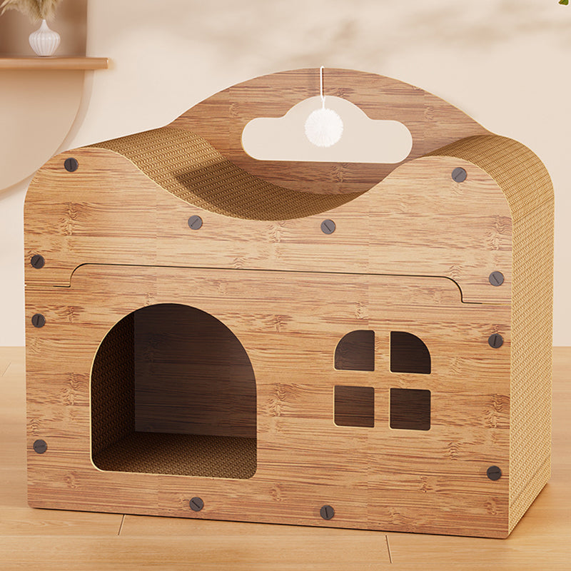 Traditional Rustic Wavy Rectangle House-Shape MDF Corrugated Paper Cat Beds 1-Cabinet For Living Room Cuvalon