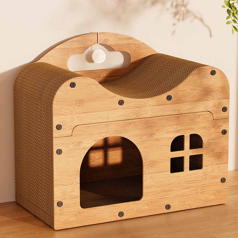 Traditional Rustic Wavy Rectangle House-Shape MDF Corrugated Paper Cat Beds 1-Cabinet For Living Room Cuvalon