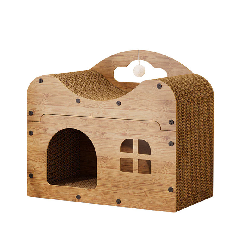 Traditional Rustic Wavy Rectangle House-Shape MDF Corrugated Paper Cat Beds 1-Cabinet For Living Room Cuvalon