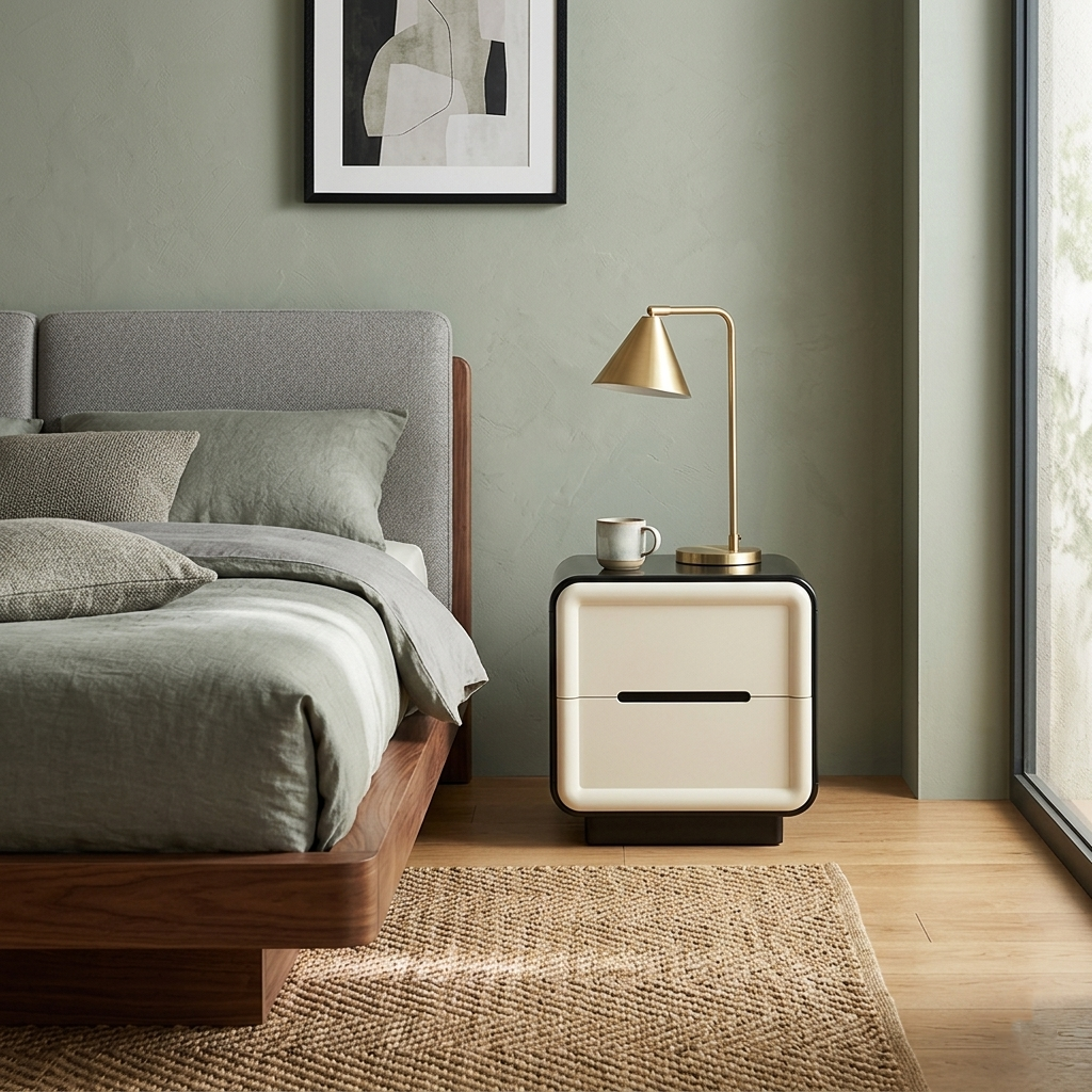 Contemporary Nordic Cream Nightstand - Rounded Corner 2-Drawer High Gloss Bedside Table For Bedroom Cuvalon
