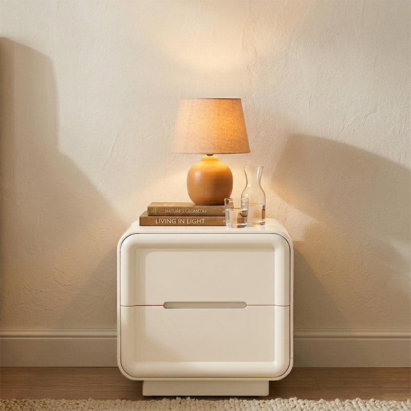 Contemporary Nordic Cream Nightstand - Rounded Corner 2-Drawer High Gloss Bedside Table For Bedroom Cuvalon