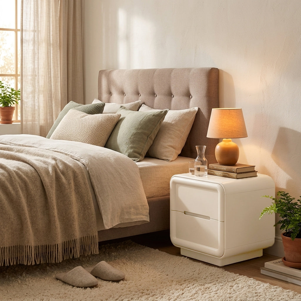 Contemporary Nordic Cream Nightstand - Rounded Corner 2-Drawer High Gloss Bedside Table For Bedroom Cuvalon