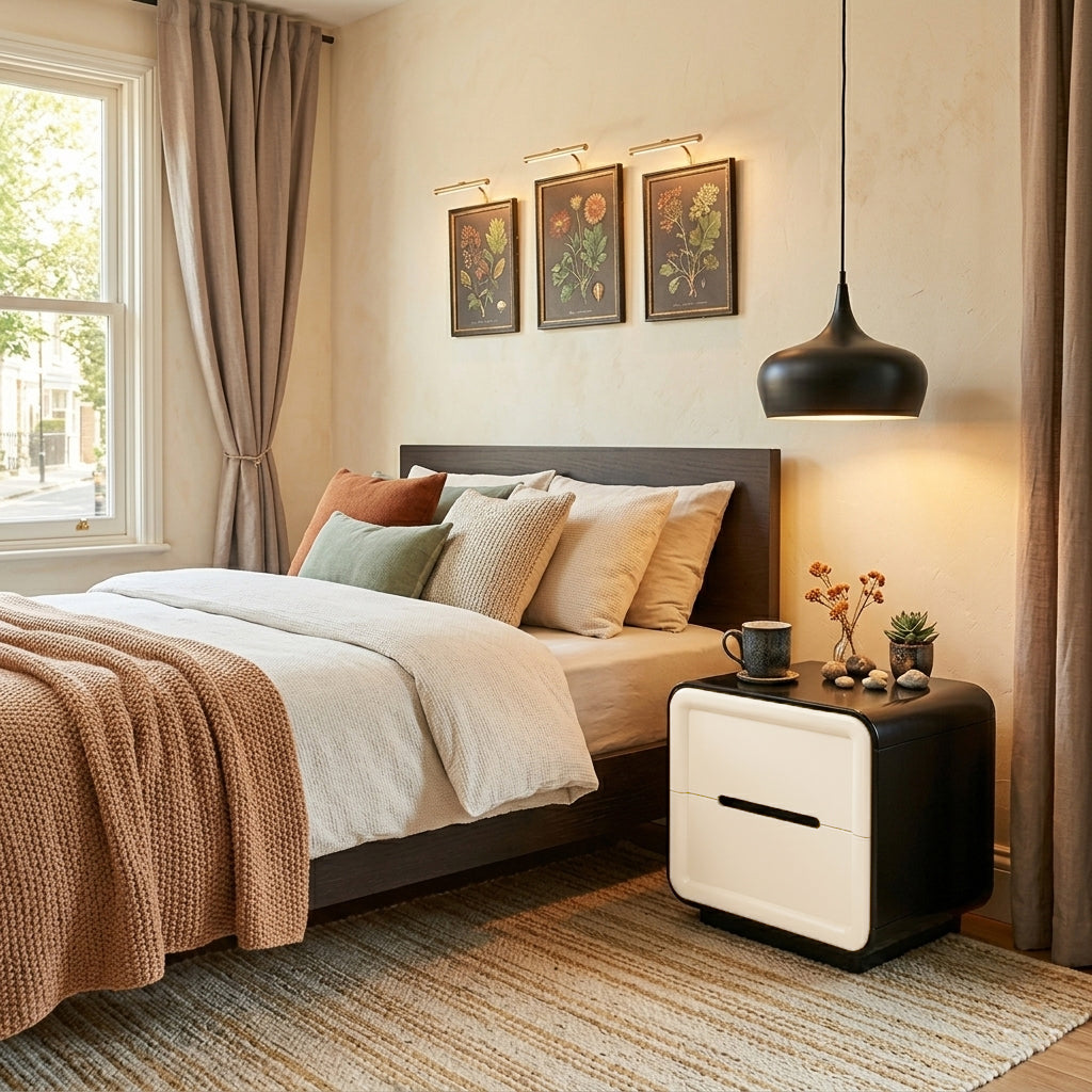 Contemporary Nordic Cream Nightstand - Rounded Corner 2-Drawer High Gloss Bedside Table For Bedroom Cuvalon