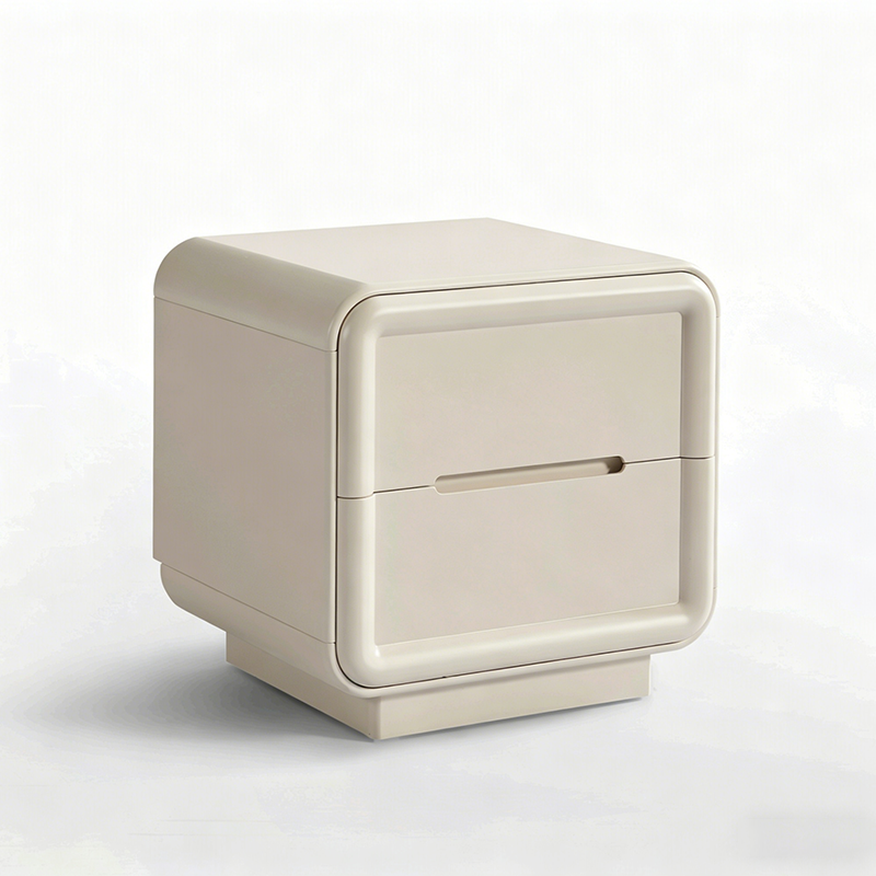 Contemporary Nordic Cream Nightstand - Rounded Corner 2-Drawer High Gloss Bedside Table For Bedroom Cuvalon