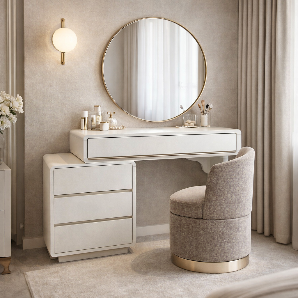 Traditional French Extendable Makeup Vanity - High-Density MDF Particle Board Dressing Table 4-Drawer For Bedroom Cuvalon