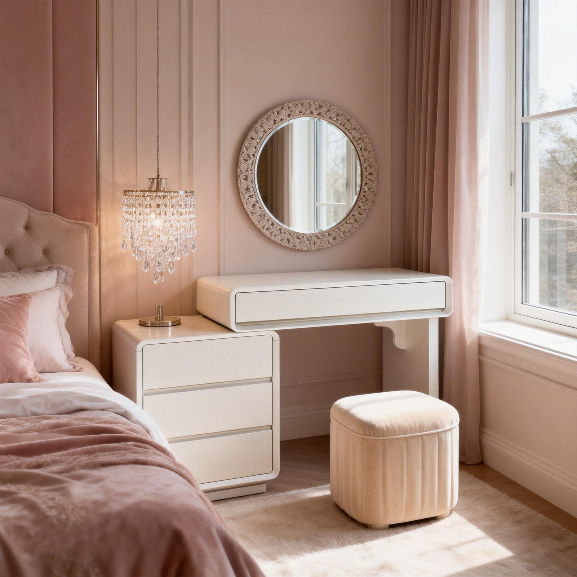 Traditional French Extendable Makeup Vanity - High-Density MDF Particle Board Dressing Table 4-Drawer For Bedroom Cuvalon