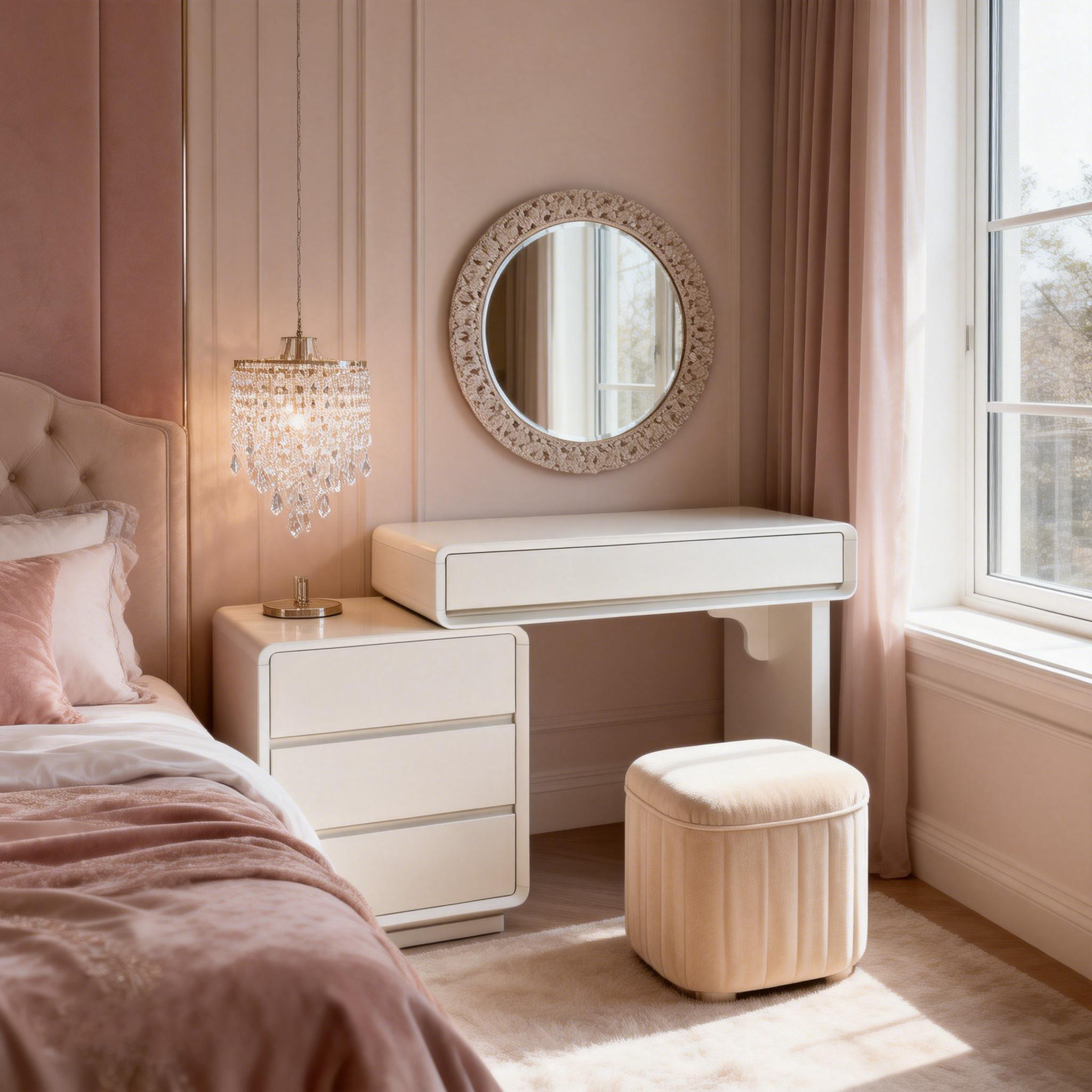 Traditional French Extendable Makeup Vanity - High-Density MDF Particle Board Dressing Table 4-Drawer For Bedroom Cuvalon