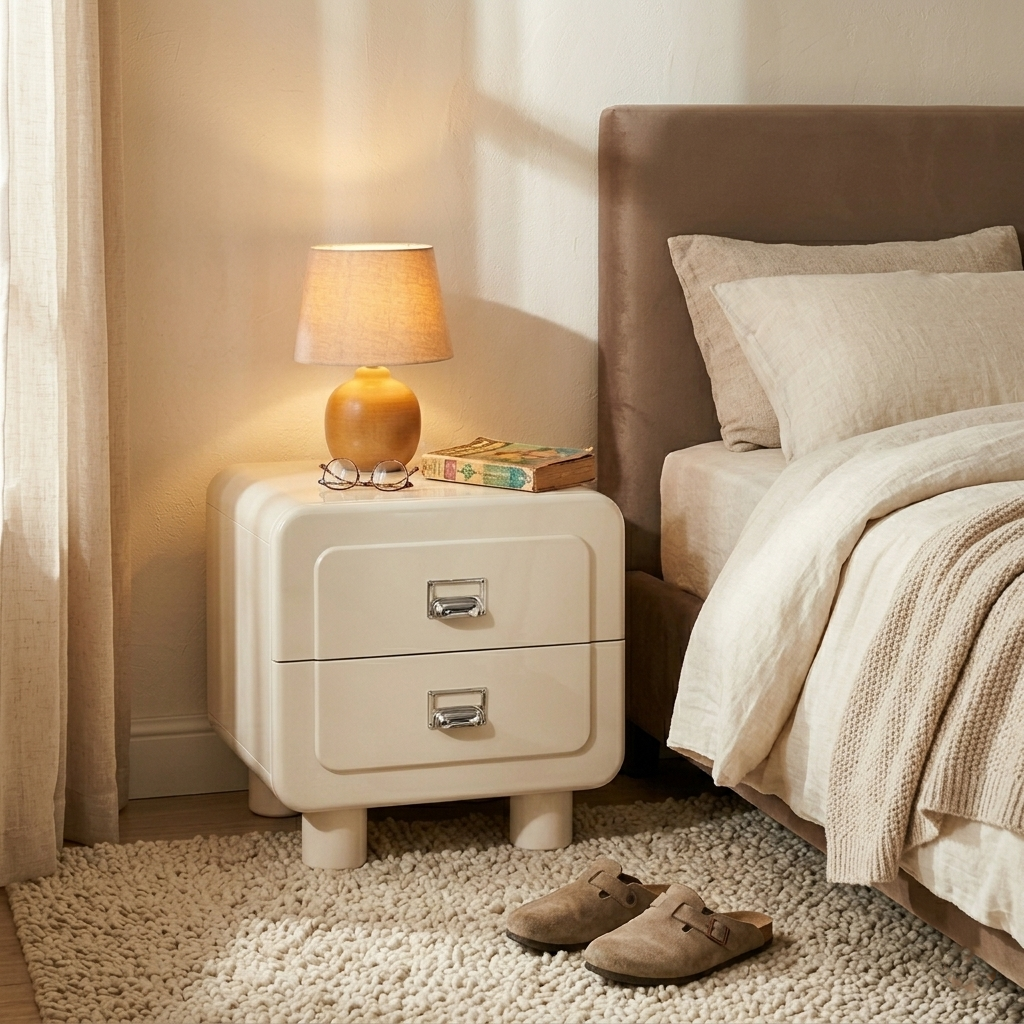 French Round Leg Nightstand - High-Gloss E0 Grade MDF Frame 2-Drawer Bedside Table For Bedroom Cuvalon