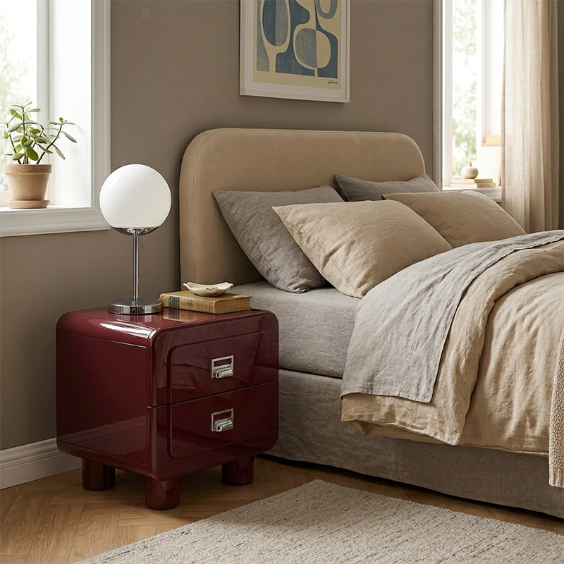 French Round Leg Nightstand - High-Gloss E0 Grade MDF Frame 2-Drawer Bedside Table For Bedroom Cuvalon