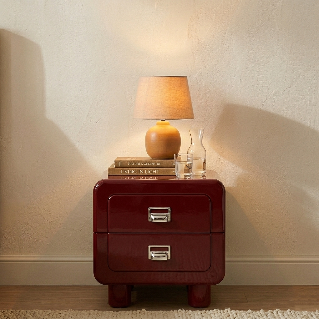 French Round Leg Nightstand - High-Gloss E0 Grade MDF Frame 2-Drawer Bedside Table For Bedroom Cuvalon