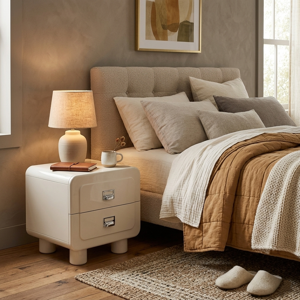 French Round Leg Nightstand - High-Gloss E0 Grade MDF Frame 2-Drawer Bedside Table For Bedroom Cuvalon