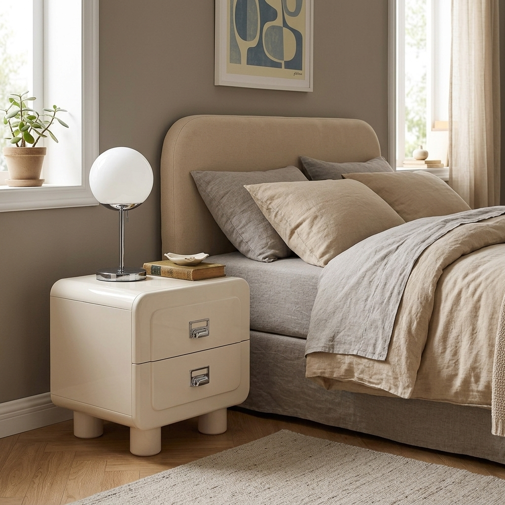 French Round Leg Nightstand - High-Gloss E0 Grade MDF Frame 2-Drawer Bedside Table For Bedroom Cuvalon