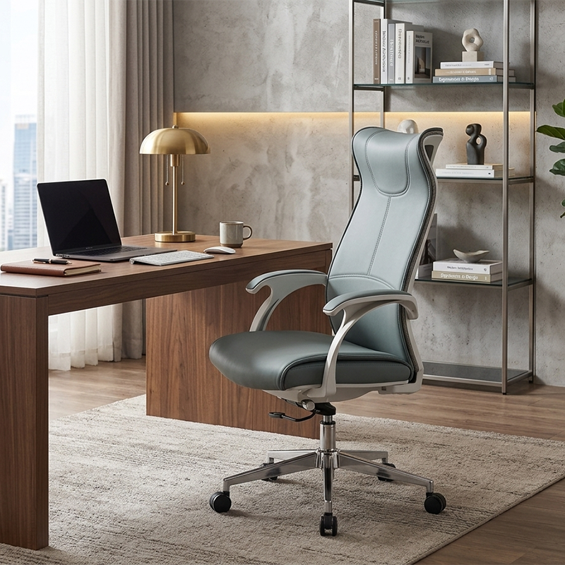 Modern Ergonomic High Back Leather Plywood & Metal Office Chair Executive Swivel Desk Chair With Headrest Lumbar Support Adjustable Rolling Computer Chair Cuvalon
