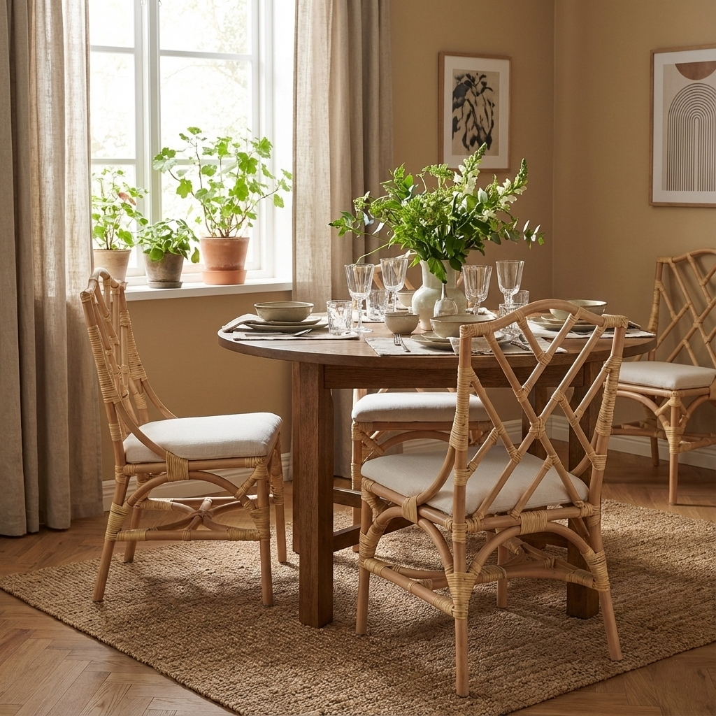 Contemporary Scandinavian Handwoven Natural Rattan Dining Chair With Waterproof Cushioned - Back Chair For Indoor & Outdoor Use Cuvalon
