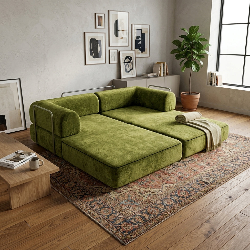 Modern Chenille Convertible Sofa Bed - Compression Foldable Couch With High Resilience Foam And Metal Frame For Living Room & Bedroom Cuvalon