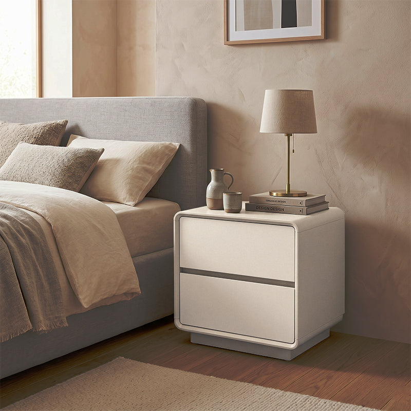 Modern Minimalist MDF Cream White Nightstand 2-Drawer - Rounded Edge Bedside Storage Cabinet With Hidden Handle For Bedroom Cuvalon