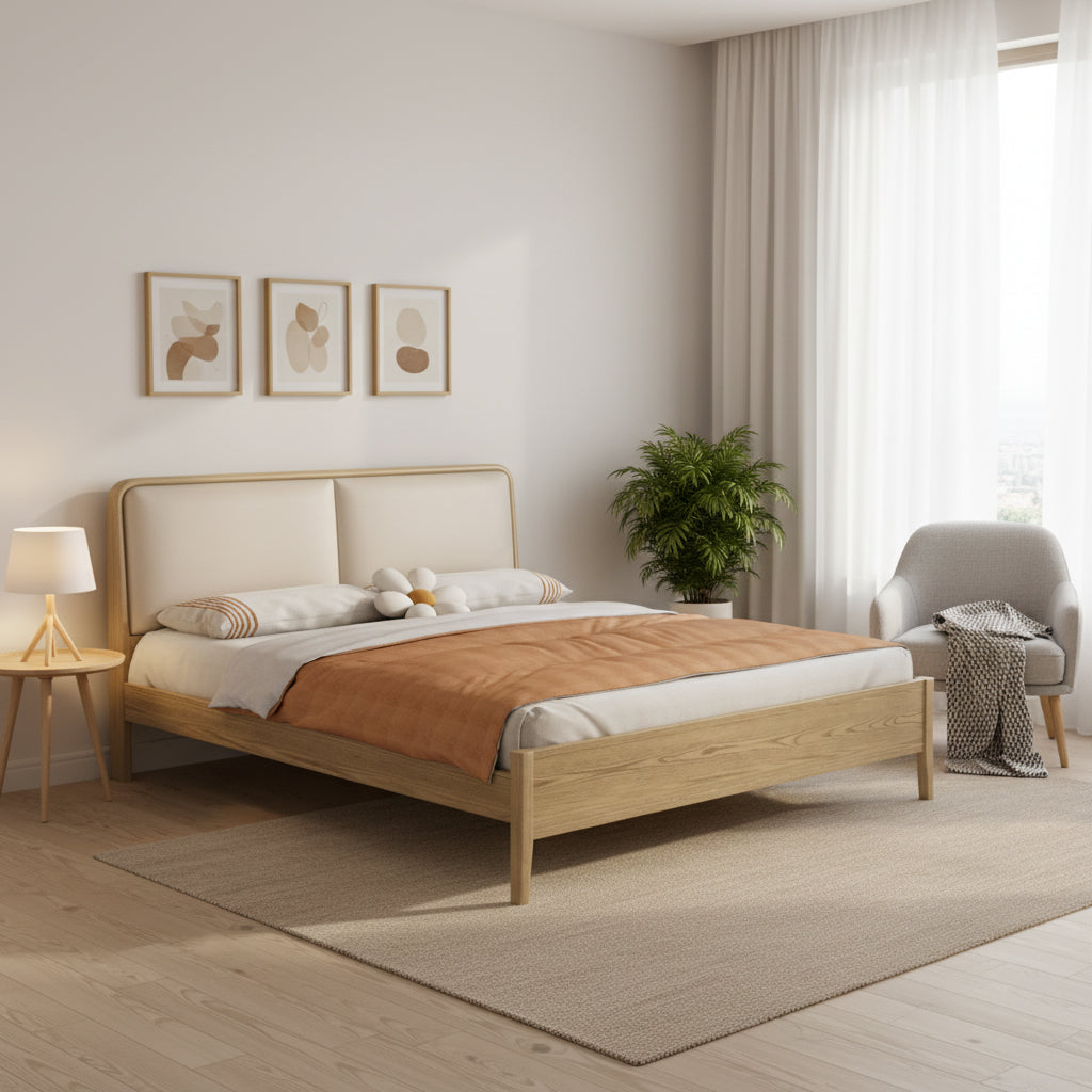 French Flush-Edge Bed Frame - Genuine Leather Headboard & Breathable Pine Slats Bed For Bedroom Cuvalon