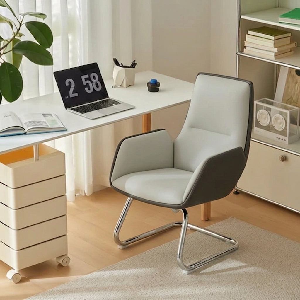 Modern Minimalist Ergonomic Mid Back Leather Plywood & Metal Office Chair - Upholstered Desk Chair With Armrests Comfortable Reception Chair For Home Office Cuvalon