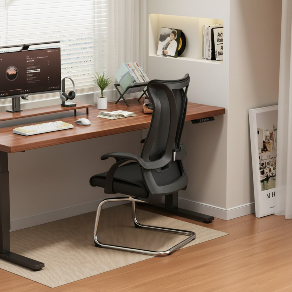 Modern Minimalist Ergonomic Leather Plywood Metal Office Chair Executive Gaming Desk Chair With Headrest Lumbar Support Cantilever Base For Home Office Set Of 2 Cuvalon