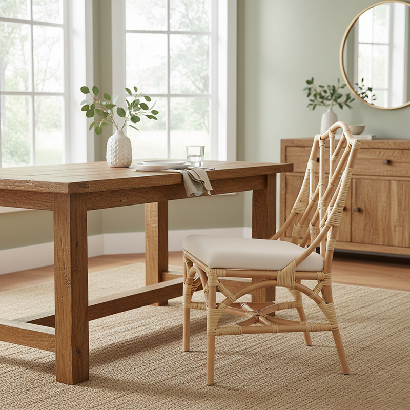 Contemporary Scandinavian Handwoven Natural Rattan Dining Chair With Waterproof Cushioned - Back Chair For Indoor & Outdoor Use Cuvalon