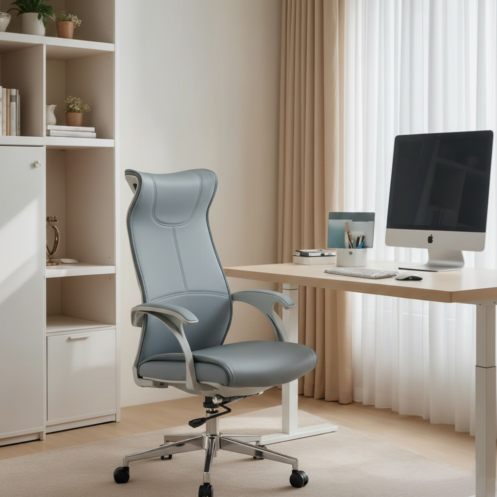 Modern Ergonomic High Back Leather Plywood & Metal Office Chair Executive Swivel Desk Chair With Headrest Lumbar Support Adjustable Rolling Computer Chair Cuvalon