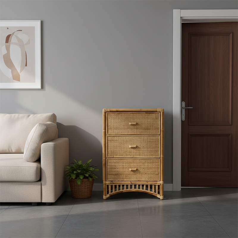 Contemporary Boho Natural Rattan Wooden Storage Cabinet - Rectangular 3-Drawer Handwoven Indonesian Rattan Storage Unit For Living Room Cuvalon