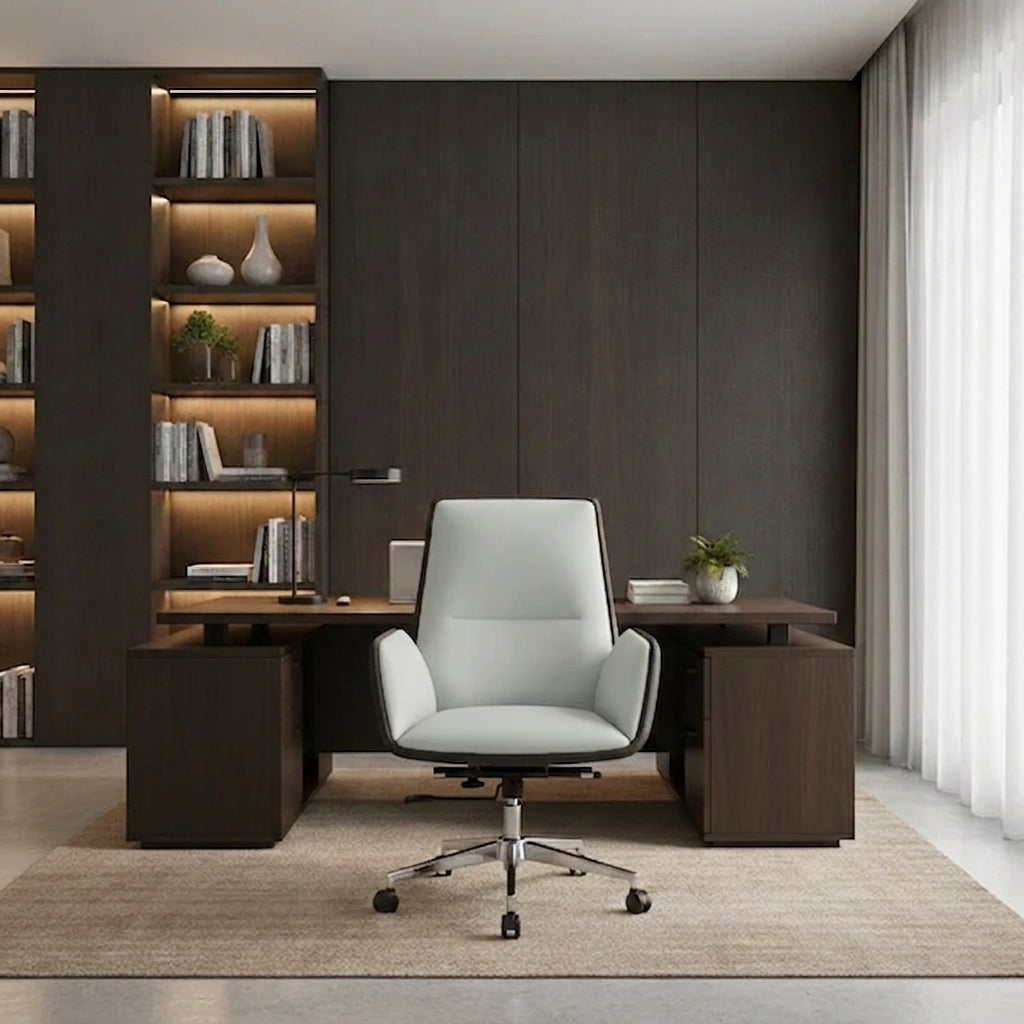 Modern Minimalist Ergonomic Leather Plywood Metal Office Chair Adjustable Swivel Desk Chair With Wheels - Mid-Back Comfortable Task Chair For Home Office Cuvalon