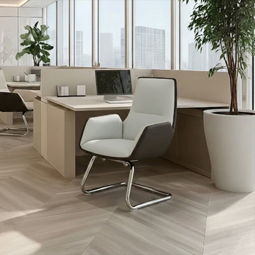 Modern Minimalist Ergonomic Mid Back Leather Plywood & Metal Office Chair - Upholstered Desk Chair With Armrests Comfortable Reception Chair For Home Office Cuvalon