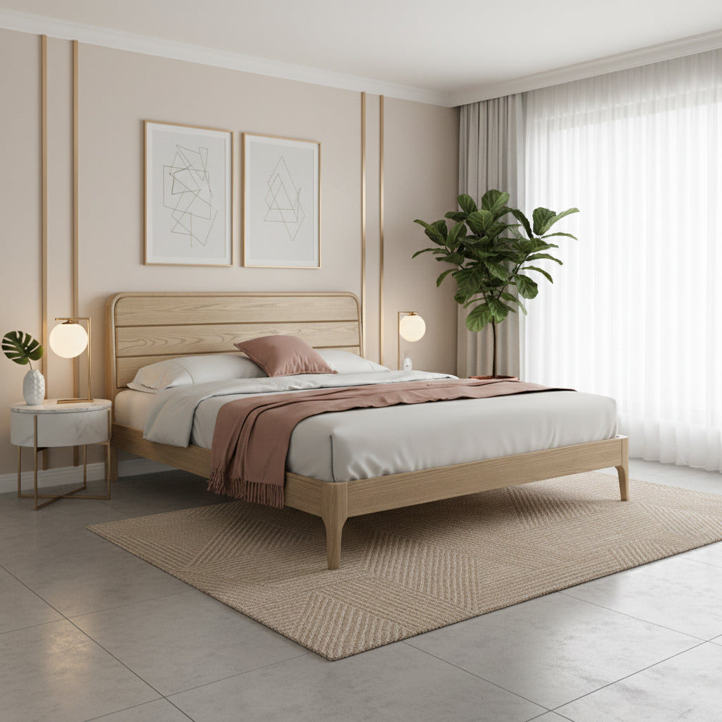 Premium Ash Wood Recessed Bed Frame - Home-Friendly Solid Support & Sleek Look Bed For Bedroom Cuvalon