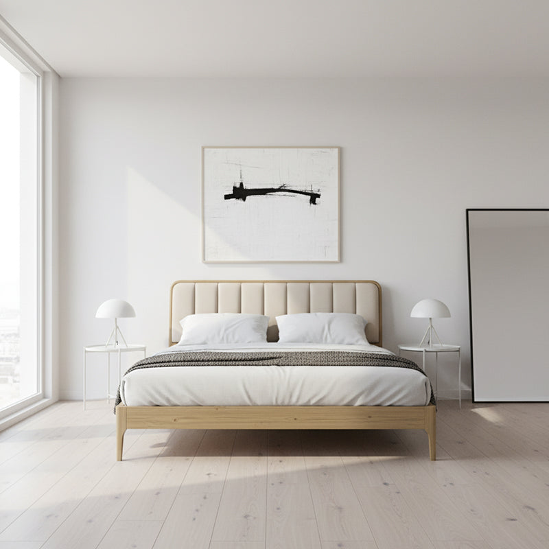 French Romantic Aesthetic Recessed Bed Frame - Genuine Leather Upholstered & Ash Wood Bed For Bedroom Cuvalon
