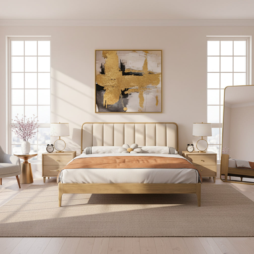 French Romantic Aesthetic Recessed Bed Frame - Genuine Leather Upholstered & Ash Wood Bed For Bedroom Cuvalon