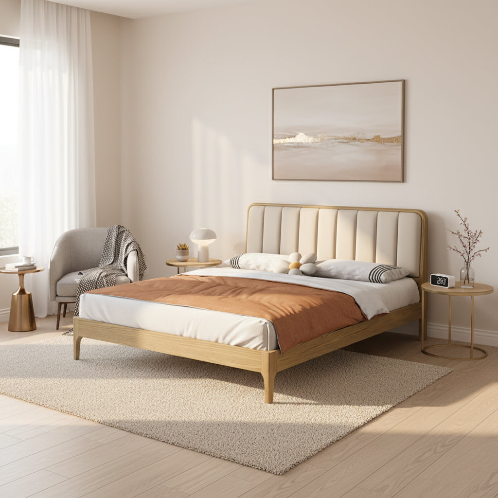 French Romantic Aesthetic Recessed Bed Frame - Genuine Leather Upholstered & Ash Wood Bed For Bedroom Cuvalon