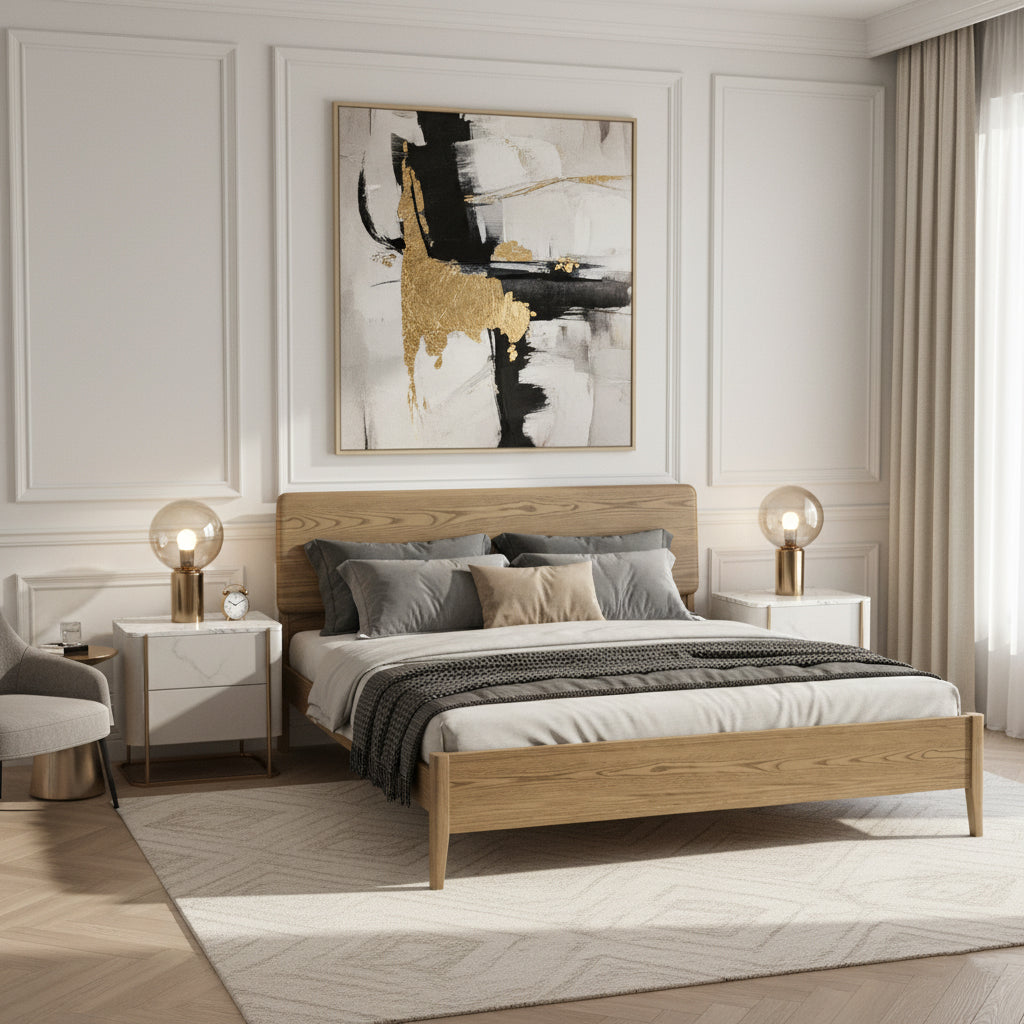Traditional Rustic Flush-Edge Bed Frame - Full Ash Wood Frame & Pine Slats Adjustable Height Bed For Bedroom Cuvalon