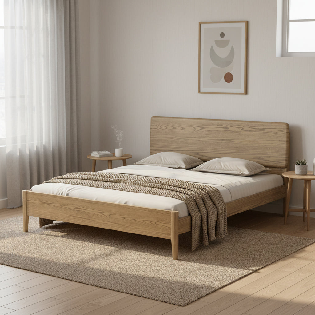 Traditional Rustic Flush-Edge Bed Frame - Full Ash Wood Frame & Pine Slats Adjustable Height Bed For Bedroom Cuvalon