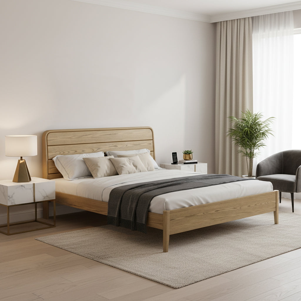 Consistent Texture Bed Frame - Flush Edge & Adjustable Height Ash Wood Bed For Bedroom Cuvalon