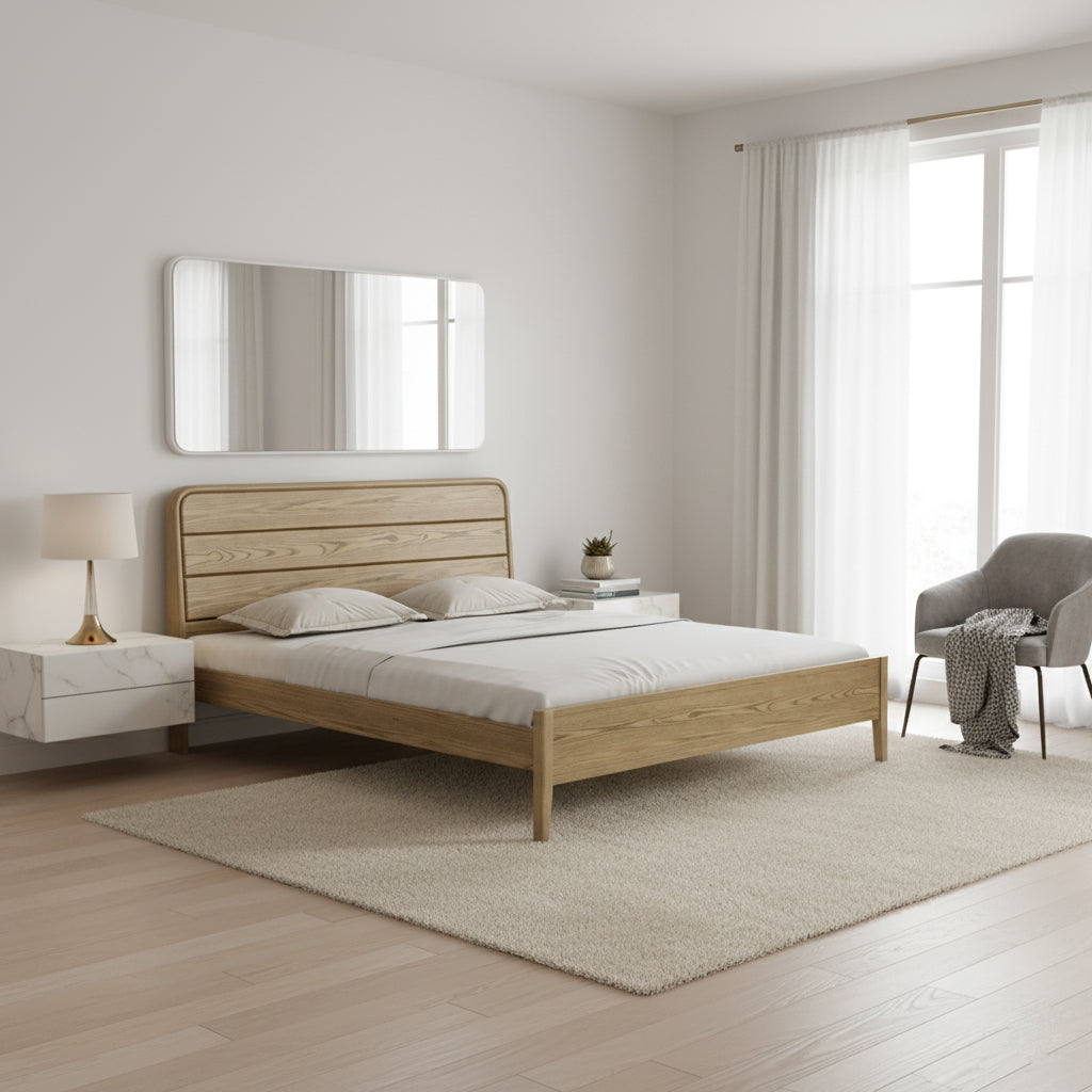 Consistent Texture Bed Frame - Flush Edge & Adjustable Height Ash Wood Bed For Bedroom Cuvalon