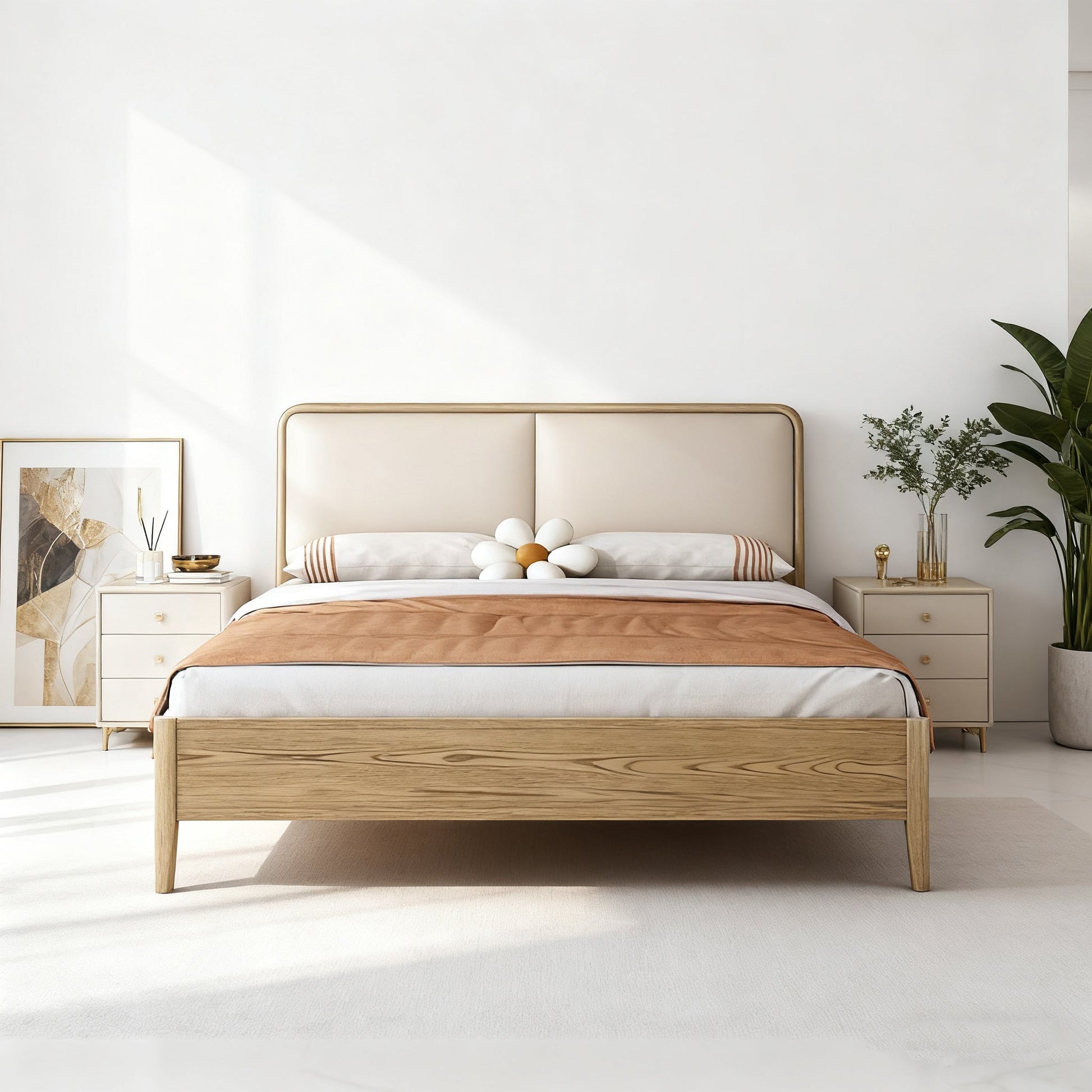 French Flush-Edge Bed Frame - Genuine Leather Headboard & Breathable Pine Slats Bed For Bedroom Cuvalon