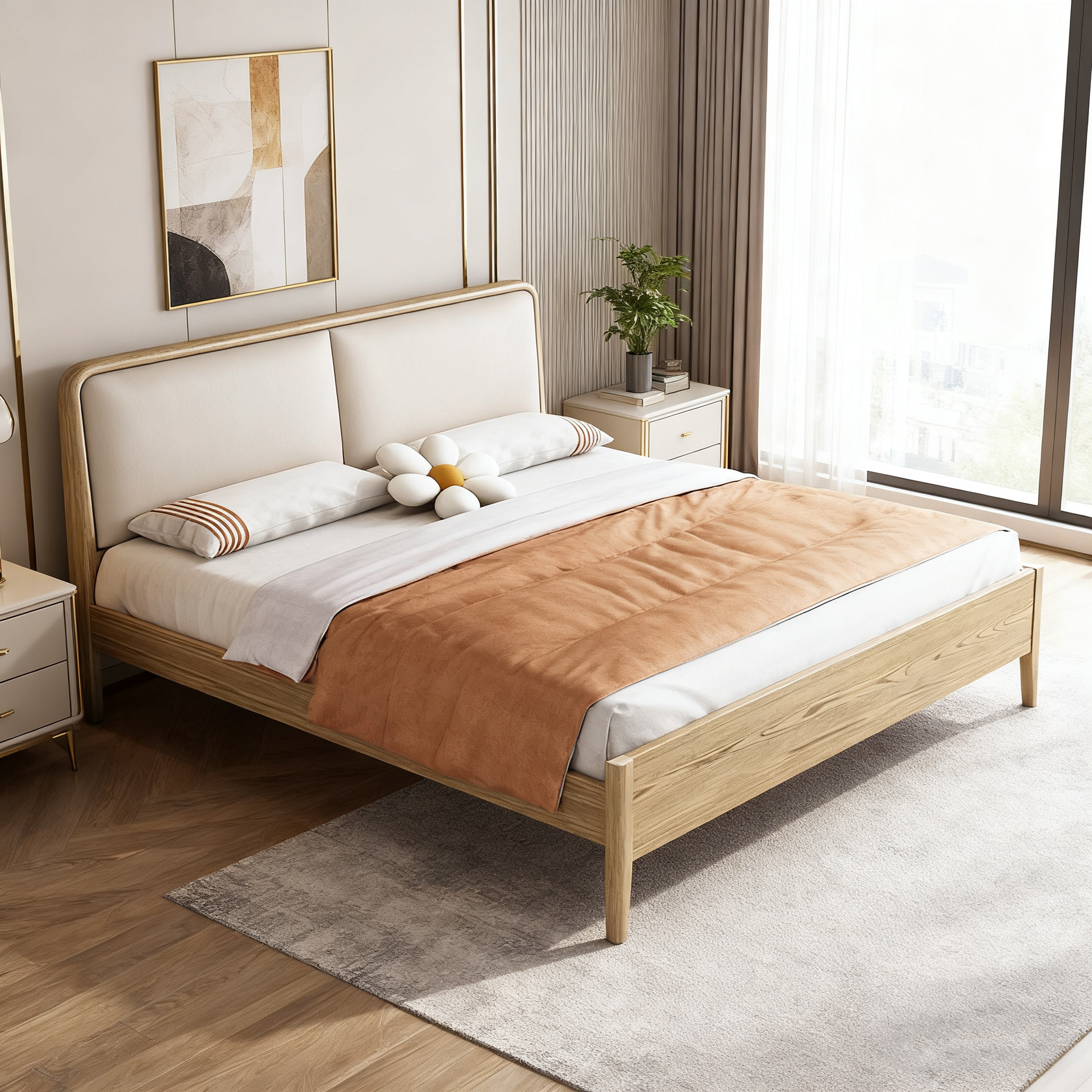 French Flush-Edge Bed Frame - Genuine Leather Headboard & Breathable Pine Slats Bed For Bedroom Cuvalon