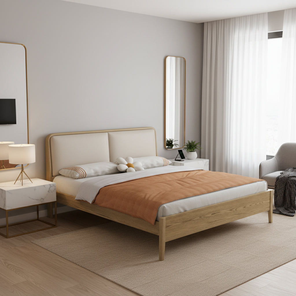 French Flush-Edge Bed Frame - Genuine Leather Headboard & Breathable Pine Slats Bed For Bedroom Cuvalon