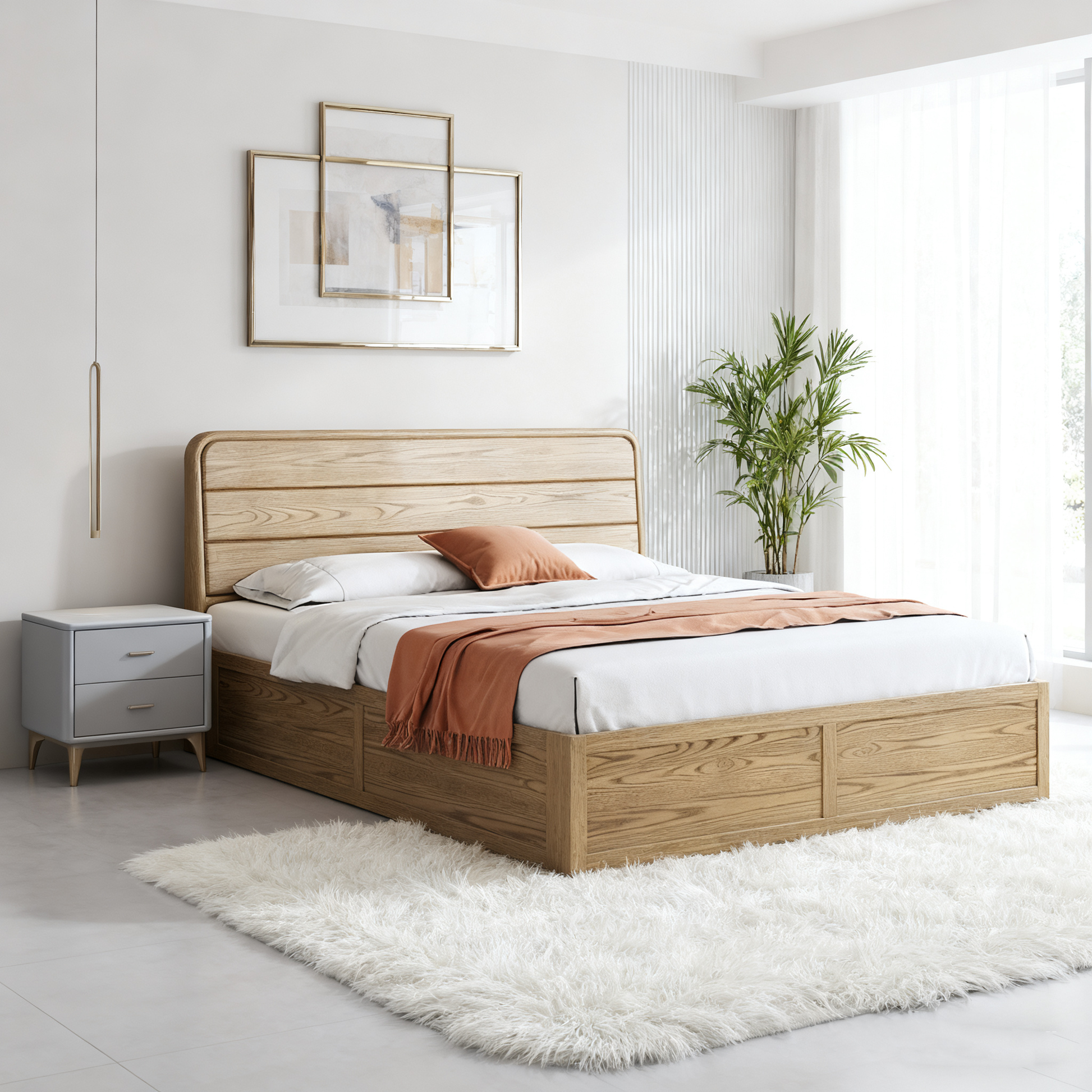 Space-Saving Rustic Bed Frame - Natural Ash Wood Lift-Top Storage Bed For Bedroom Cuvalon